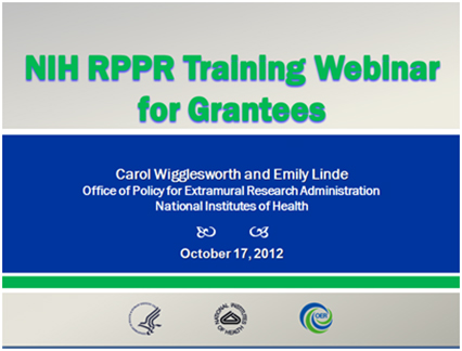 NIH RPPR Training Webinar for Grantees screen shot