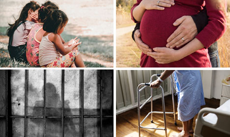 Four images including, children, a pregnant women, a prisoner, and elderly person in a hospital gown