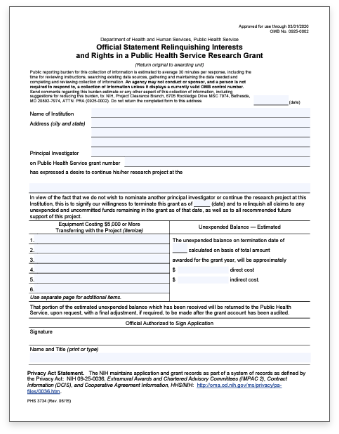 Official Statement Relinquishing Interests and Rights in a Public Health Service Research Grant pdf