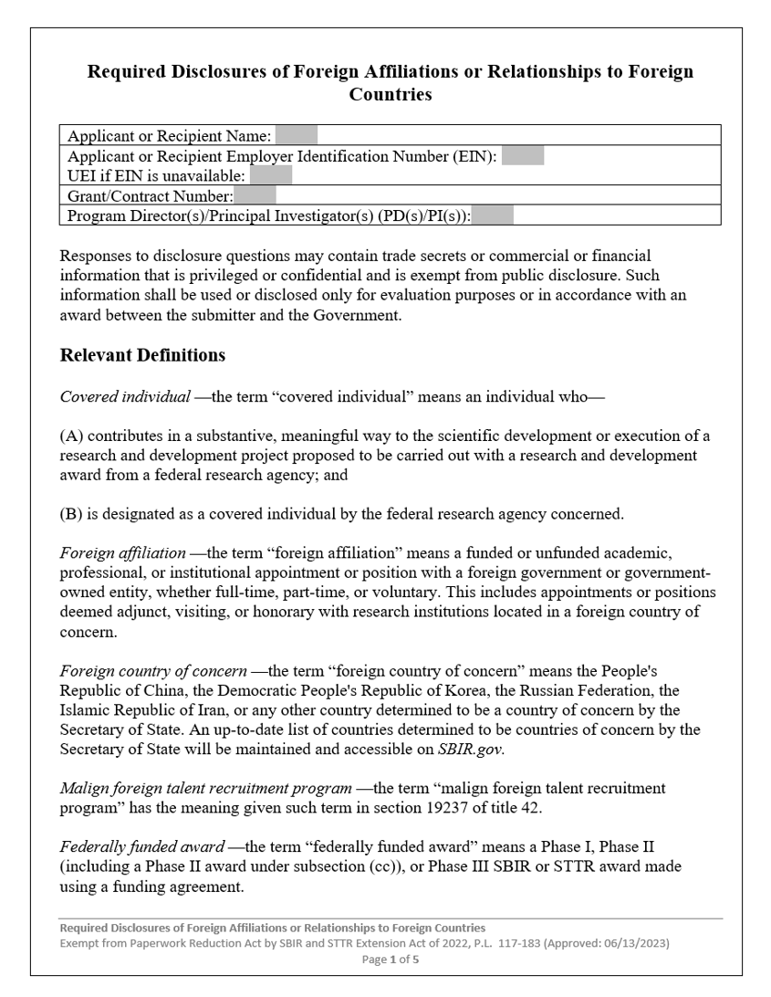 SBIR STTR Foreign Disclosure Form pdf