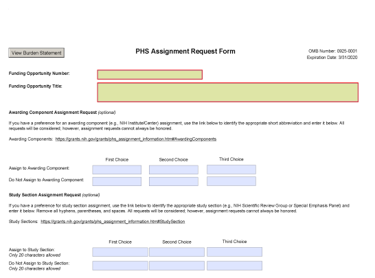 phs assignment request form template