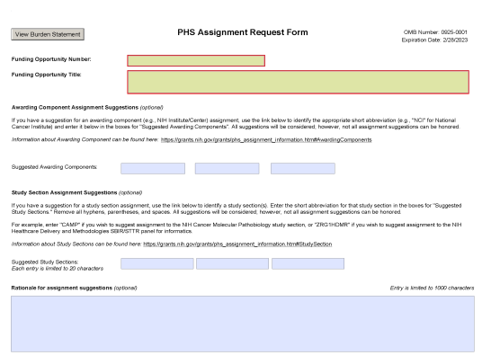 Phs Assignment Request Form