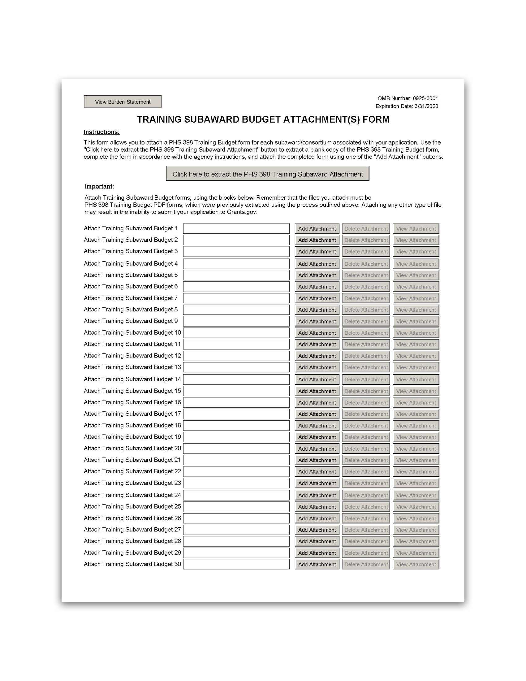 Training Subaward Budget Attachment Form