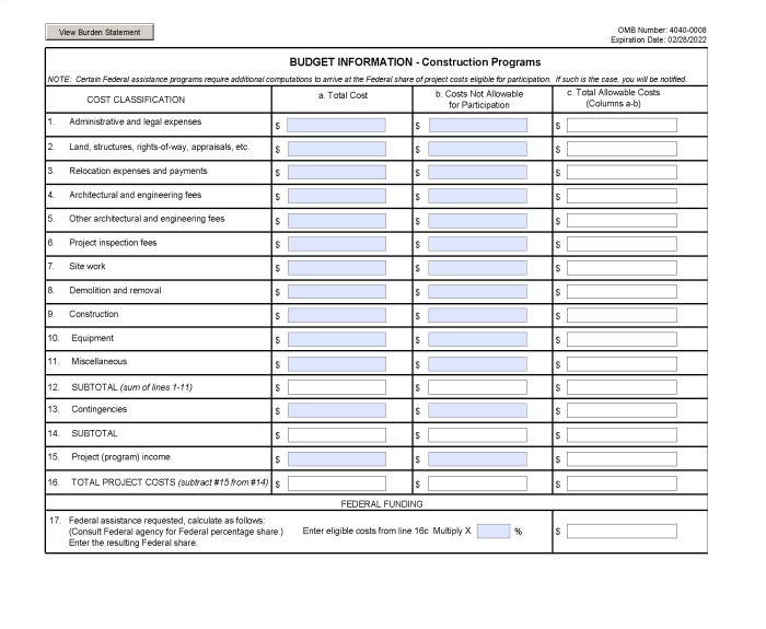 SF 424C Budget Information - Construction Programs