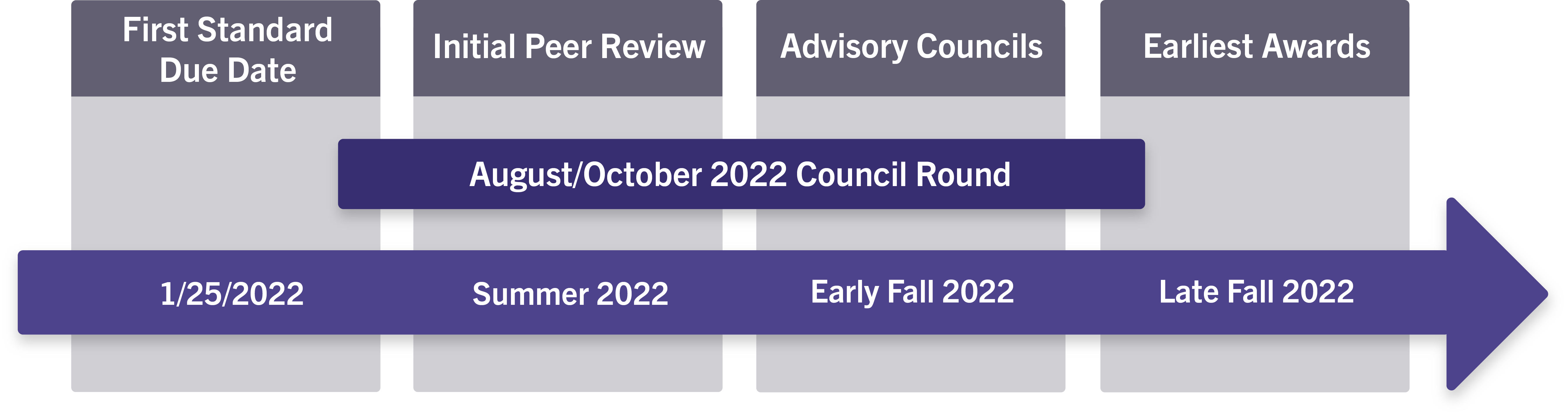 process flow for August/October 2021 Council Round - First Standard due date 1/25/2021, initial peer review Spring 2021, Advisory councils early Fall 2021, earliest awards late Fall 2021.