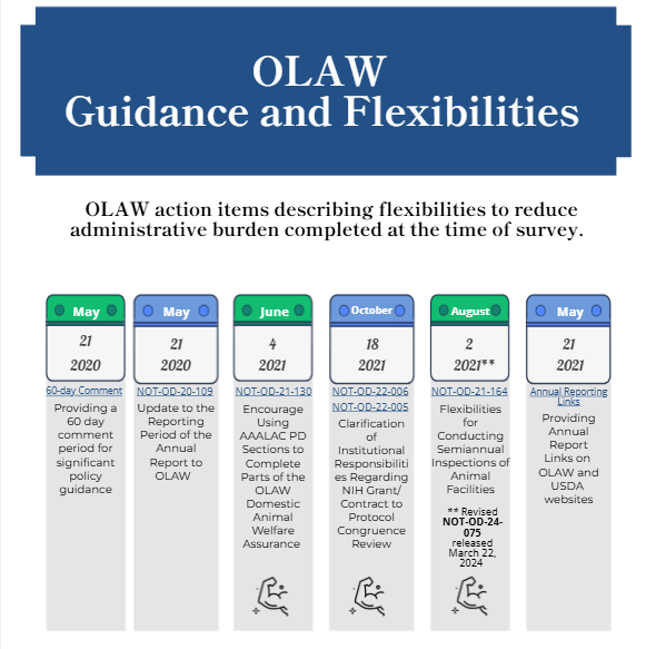 Timeline graphic titled “OLAW Guidance and Flexibilities” outlining key actions taken to reduce administrative burden, with dates from 2020 to 2021.