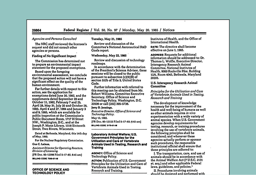 Federal Register page outlining U.S. Government Principles for the utilization and care of vertebrate animals in research, testing, and training