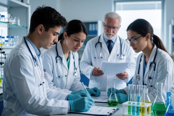 Four medical researchers in white coats and stethoscopes review documents and conduct laboratory work with test tubes and flasks.