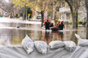 Emergency responders in a boat navigating a flooded neighborhood, with sandbags in the foreground.