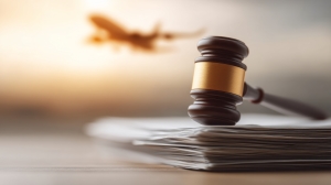 Judge’s gavel resting on a stack of documents with a blurred airplane in the background, symbolizing laws or regulations.